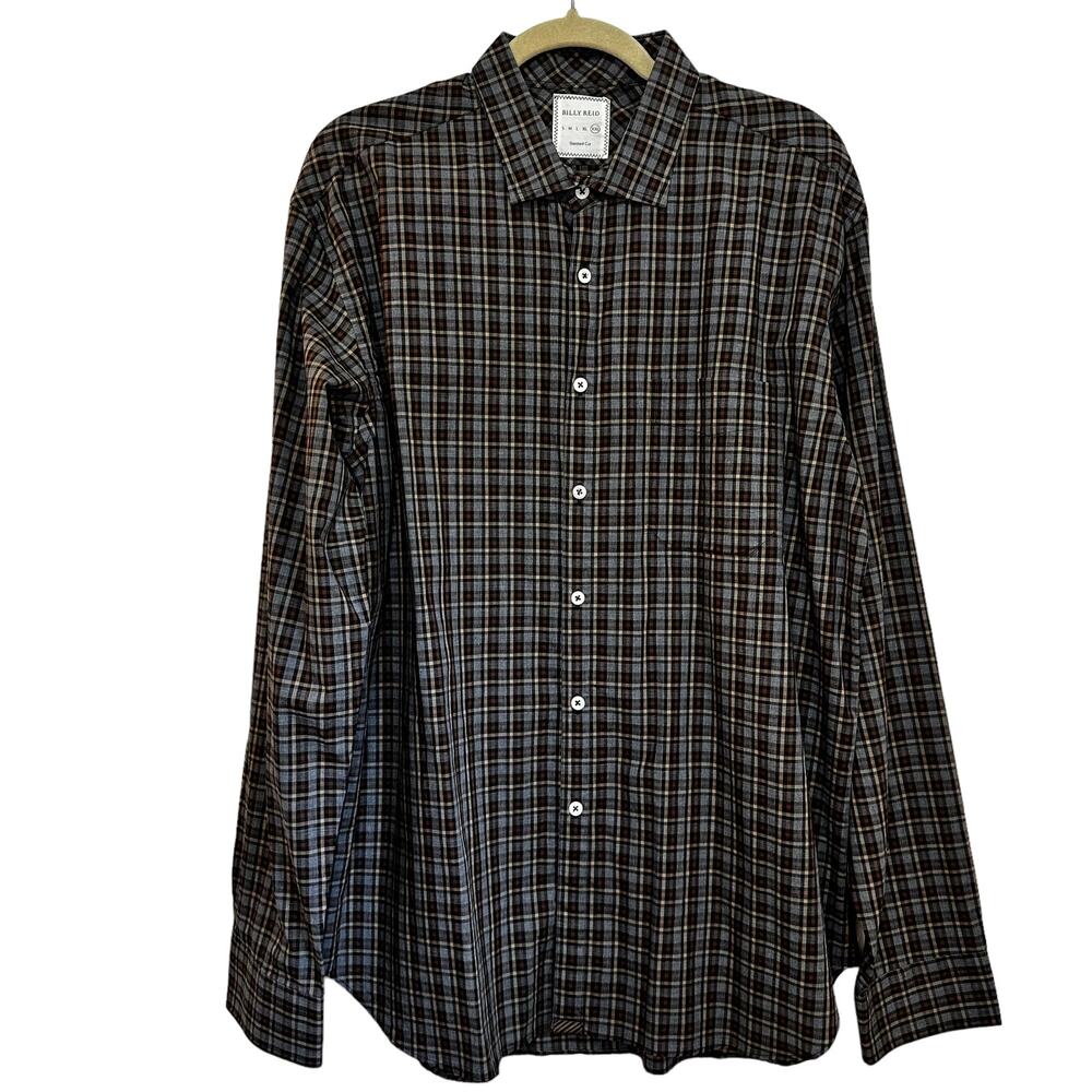 Billy Reid Gray Brown Plaid Standard Cut Shirt XXL - Picture 2 of 6